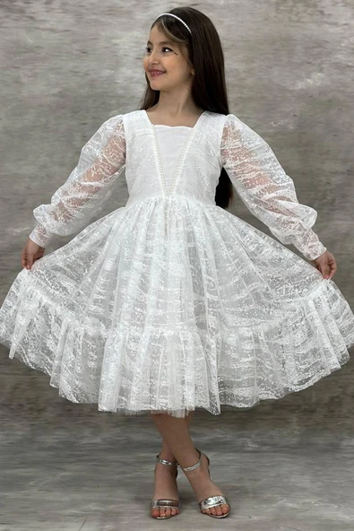 Kız Çocuk Kolları Transparan Yakası İnci Boncuklu Etek Ucu Fırfırlı Beyaz Abiye - Resim 5