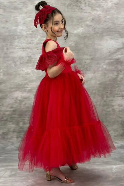 Kız Çocuk Yakası Transparan Omzu Açık Göğsü ve Kolları Güpür İşlemeli Kırmızı Abiye - Resim 6