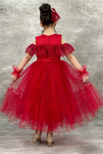 Kız Çocuk Yakası Transparan Omzu Açık Göğsü ve Kolları Güpür İşlemeli Kırmızı Abiye - Resim 7