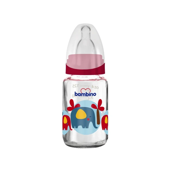 Bambino Cam Biberon 125ml 0+ Ay - Kırmızı - Fil Desenli
