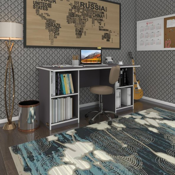 Kenzlife ofis masası pat morita gri 75*170*80 raflı dolap çiftli şeritli bilgisayar çalışma masası