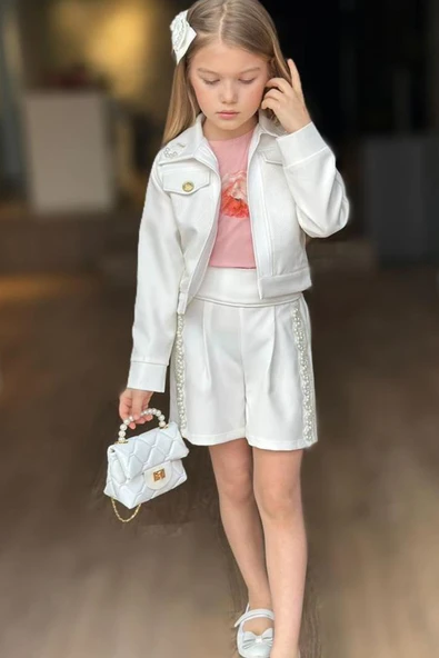 Kız Çocuk İnci Detaylı Güpür İşlemeli Çiçek Baskılı 4'lü Beyaz Alt Üst Takım - Resim 4