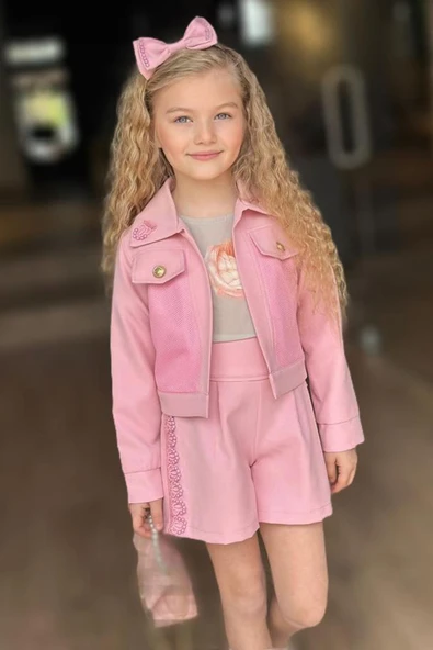 Kız Çocuk İnci Detaylı Güpür İşlemeli Çiçek Baskılı 5'li Pembe Alt Üst Takım ürün görseli