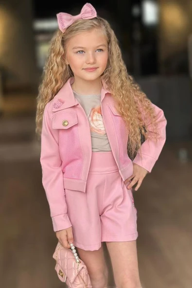 Kız Çocuk İnci Detaylı Güpür İşlemeli Çiçek Baskılı 5'li Pembe Alt Üst Takım - Resim 2