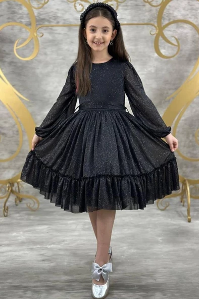Kız Çocuk Sıfır Yaka Kolları Transparan Eteği Tüllü Simli Siyah Abiye ürün görseli