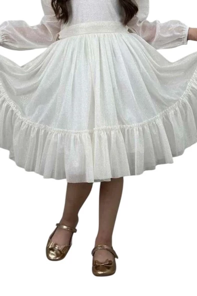 Kız Çocuk Sıfır Yaka Kolları Transparan Eteği Tüllü Simli Beyaz Abiye - Resim 3