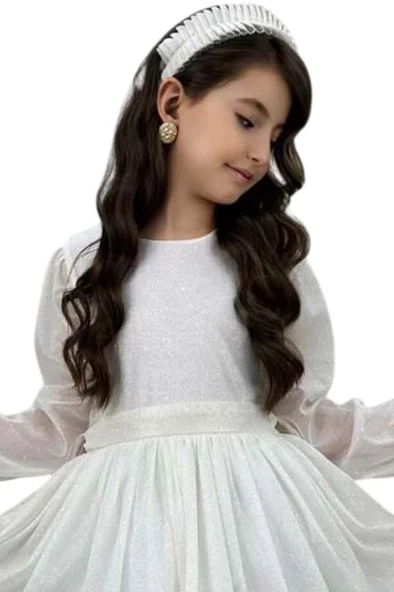 Kız Çocuk Sıfır Yaka Kolları Transparan Eteği Tüllü Simli Beyaz Abiye - Resim 2