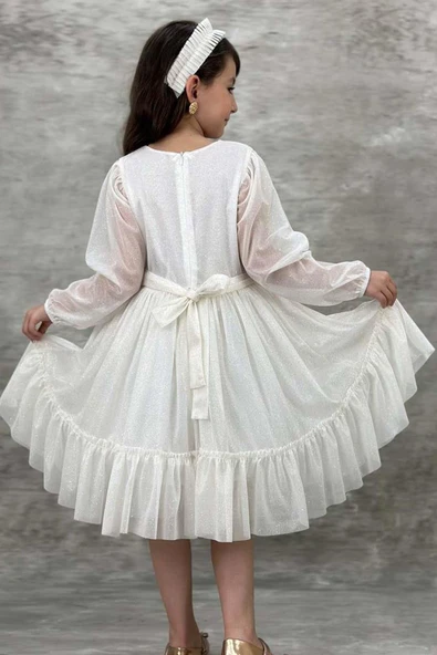 Kız Çocuk Sıfır Yaka Kolları Transparan Eteği Tüllü Simli Beyaz Abiye - Resim 6