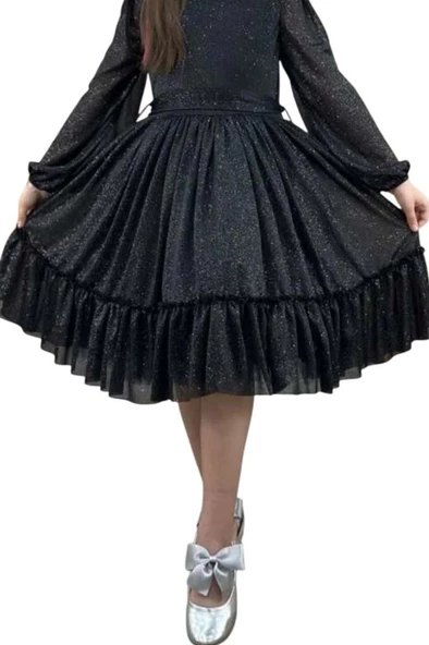 Kız Çocuk Sıfır Yaka Kolları Transparan Eteği Tüllü Simli Siyah Abiye - Resim 7