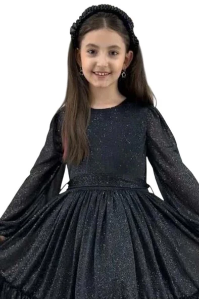 Kız Çocuk Sıfır Yaka Kolları Transparan Eteği Tüllü Simli Siyah Abiye - Resim 6