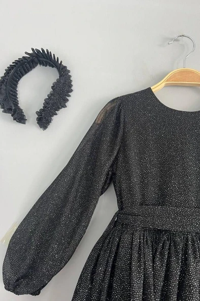 Kız Çocuk Sıfır Yaka Kolları Transparan Eteği Tüllü Simli Siyah Abiye - Resim 10