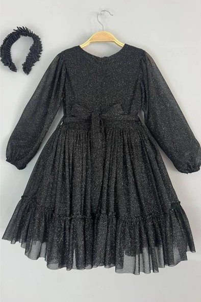 Kız Çocuk Sıfır Yaka Kolları Transparan Eteği Tüllü Simli Siyah Abiye - Resim 9