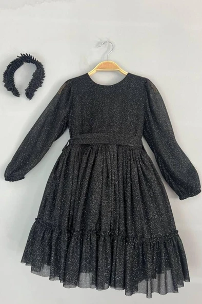 Kız Çocuk Sıfır Yaka Kolları Transparan Eteği Tüllü Simli Siyah Abiye - Resim 8