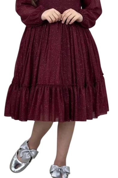 Kız Çocuk Sıfır Yaka Kolları Transparan Eteği Tüllü Simli Bordo Abiye - Resim 3