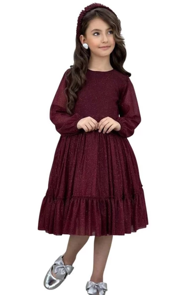 Kız Çocuk Sıfır Yaka Kolları Transparan Eteği Tüllü Simli Bordo Abiye ürün görseli