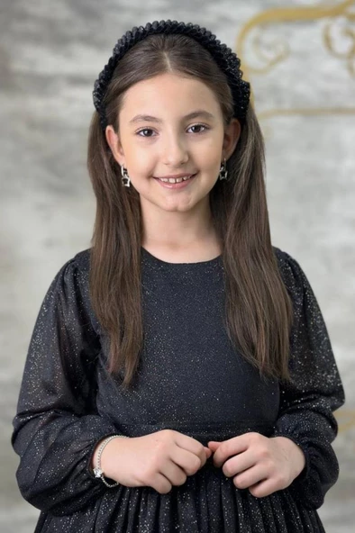 Kız Çocuk Sıfır Yaka Kolları Transparan Eteği Tüllü Simli Siyah Abiye - Resim 4