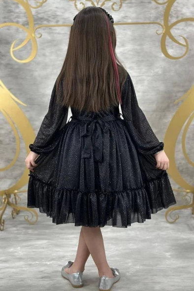 Kız Çocuk Sıfır Yaka Kolları Transparan Eteği Tüllü Simli Siyah Abiye - Resim 2