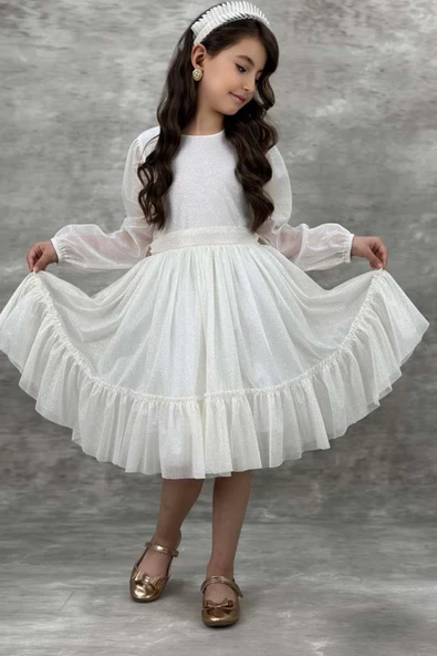 Kız Çocuk Sıfır Yaka Kolları Transparan Eteği Tüllü Simli Beyaz Abiye - Resim 5