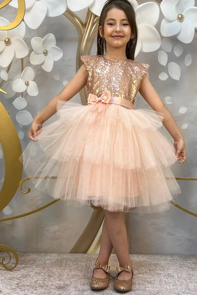 Kız Çocuk Üstü Pulpayet İşlemeli Katkat Somon Abiye 4-7 Yaş ürün görseli