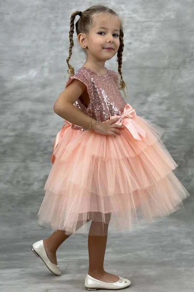 Kız Çocuk Üstü Pulpayet İşlemeli Katkat Somon Abiye 4-7 Yaş - Resim 9