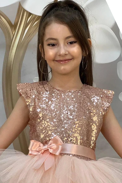 Kız Çocuk Üstü Pulpayet İşlemeli Katkat Somon Abiye 4-7 Yaş - Resim 5