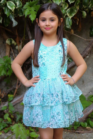Kız Çocuk Çicek Baskılı Eteği Katkat Tüllü  Sıfır Kollu Turkuaz Elbise - Resim 3