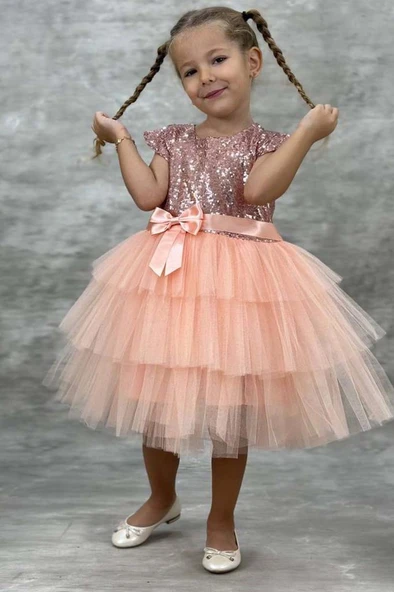 Kız Çocuk Üstü Pulpayet İşlemeli Katkat Somon Abiye 4-7 Yaş - Resim 8