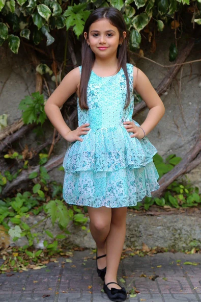 Kız Çocuk Çicek Baskılı Eteği Katkat Tüllü  Sıfır Kollu Turkuaz Elbise ürün görseli
