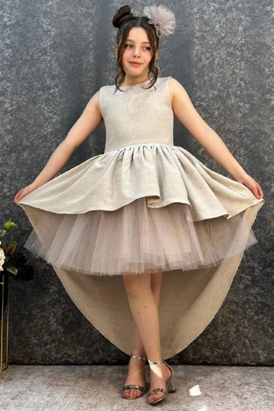 Kız Çocuk Önü Kısa Tül Detaylı Arkası Uzun Kurdela Detaylı Krem Abiye 6-9 Yaş - 6