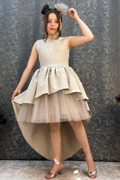 Kız Çocuk Önü Kısa Tül Detaylı Arkası Uzun Kurdela Detaylı Krem Abiye 6-9 Yaş - 2