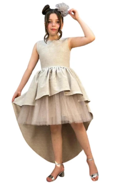 Kız Çocuk Önü Kısa Tül Detaylı Arkası Uzun Kurdela Detaylı Krem Abiye 6-9 Yaş