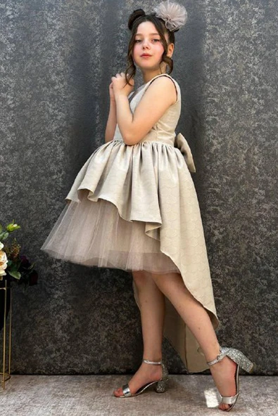 Kız Çocuk Önü Kısa Tül Detaylı Arkası Uzun Kurdela Detaylı Krem Abiye 6-9 Yaş - 5