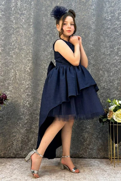 Kız Çocuk Önü Kısa Tül Detaylı Arkası Uzun Kurdela Detaylı Lacivert Abiye 6-9 Yaş - Resim 5