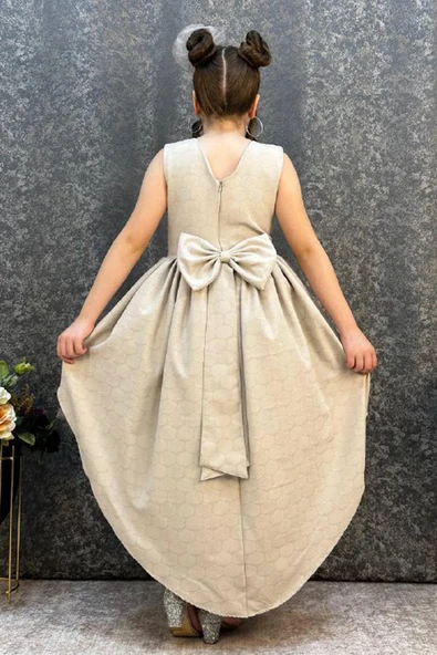 Kız Çocuk Önü Kısa Tül Detaylı Arkası Uzun Kurdela Detaylı Krem Abiye 6-9 Yaş - 4