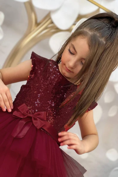 Kız Çocuk Üstü Pulpayet İşlemeli Katkat Bordo Abiye 4-7 Yaş - Resim 5