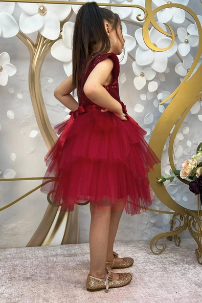 Kız Çocuk Üstü Pulpayet İşlemeli Katkat Bordo Abiye 4-7 Yaş - Resim 4