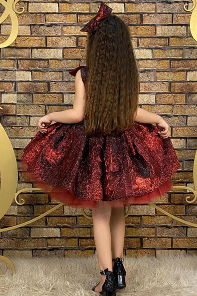 Kız Çocuk Üstü Pulpayet İşlemeli Katkat Bordo Abiye 4-7 Yaş - Resim 7