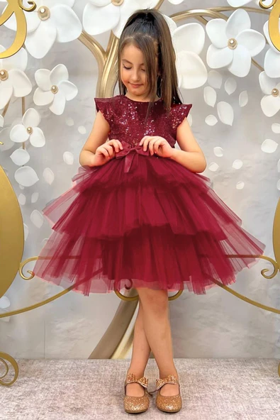 Kız Çocuk Üstü Pulpayet İşlemeli Katkat Bordo Abiye 4-7 Yaş - Resim 3