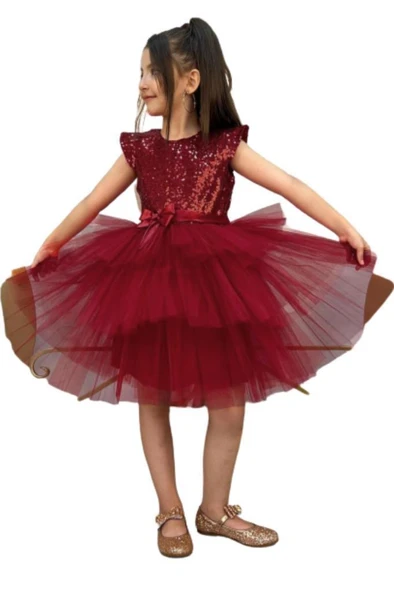 Kız Çocuk Üstü Pulpayet İşlemeli Katkat Bordo Abiye 4-7 Yaş ürün görseli