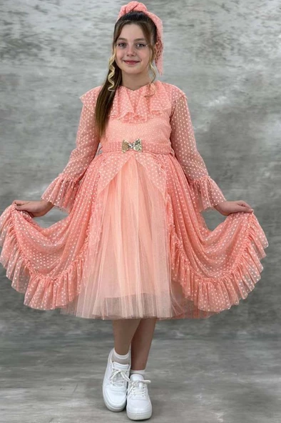 Kız Çocuk Güpür Detaylı Yakası Fırfırlı Puantiyeli Eteği Kabarık Tüllü Somon Abiye ürün görseli