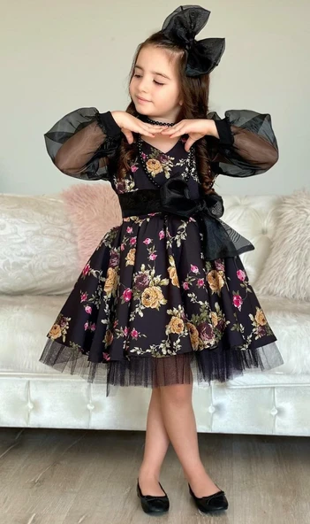Kız Çocuk Black Flowers Tütülü Elbise - 6