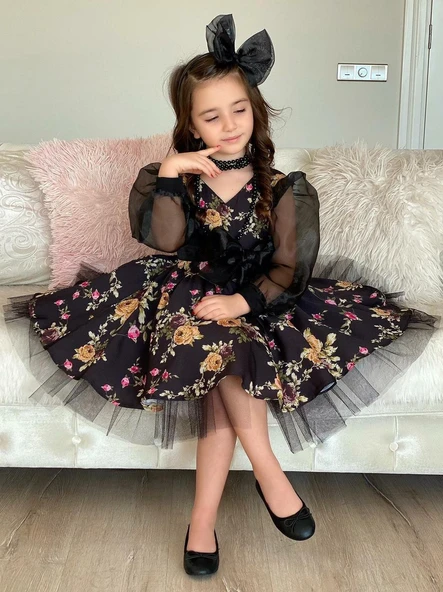 Kız Çocuk Black Flowers Tütülü Elbise - 7