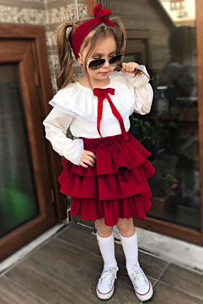 Kız Çocuk Üstü Volanlı Dantel İşlemeli Fırfırlı Bordo Etekli Takım - Resim 11