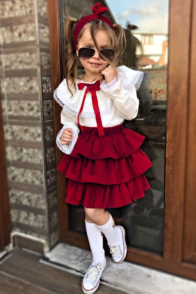 Kız Çocuk Üstü Volanlı Dantel İşlemeli Fırfırlı Bordo Etekli Takım - Resim 7