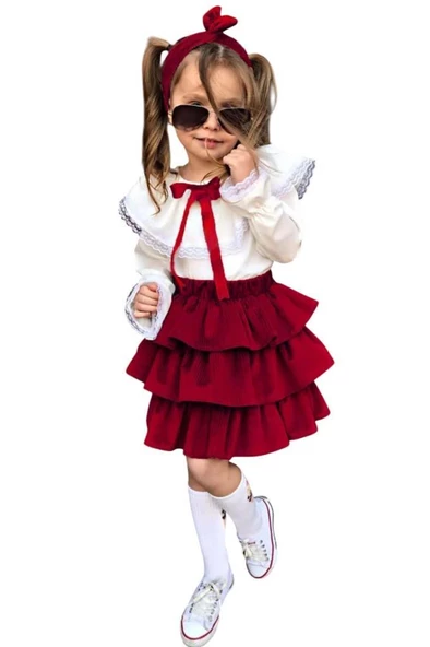 Kız Çocuk Üstü Volanlı Dantel İşlemeli Fırfırlı Bordo Etekli Takım - Resim 3