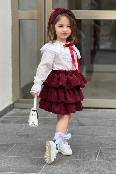 Kız Çocuk Üstü Volanlı Dantel İşlemeli Fırfırlı Bordo Etekli Takım - Resim 6