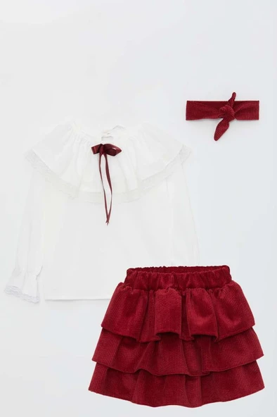Kız Çocuk Üstü Volanlı Dantel İşlemeli Fırfırlı Bordo Etekli Takım - Resim 8