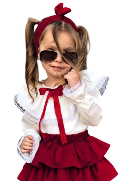 Kız Çocuk Üstü Volanlı Dantel İşlemeli Fırfırlı Bordo Etekli Takım - Resim 4