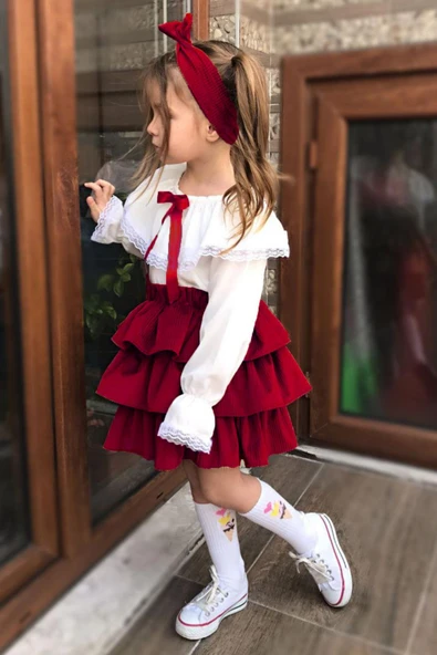 Kız Çocuk Üstü Volanlı Dantel İşlemeli Fırfırlı Bordo Etekli Takım - Resim 12