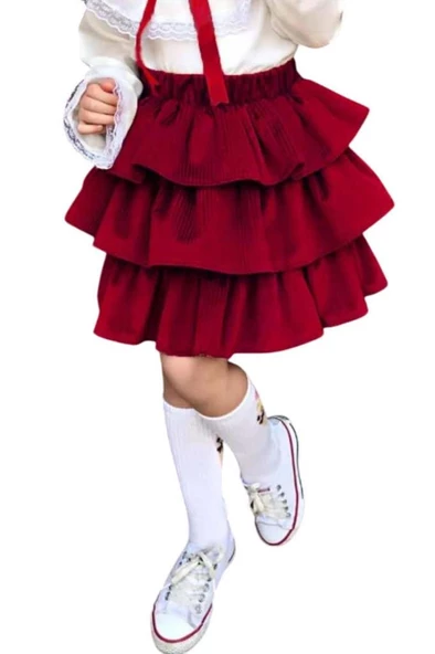 Kız Çocuk Üstü Volanlı Dantel İşlemeli Fırfırlı Bordo Etekli Takım - Resim 5